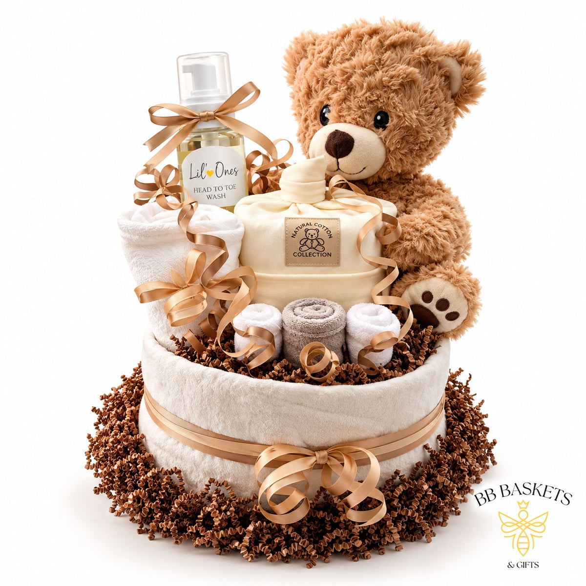 Diaper cake baby gift with diapers, teddy bear, newborn essentials and locally made Lil’ Ones baby wash by BB Baskets Calgary