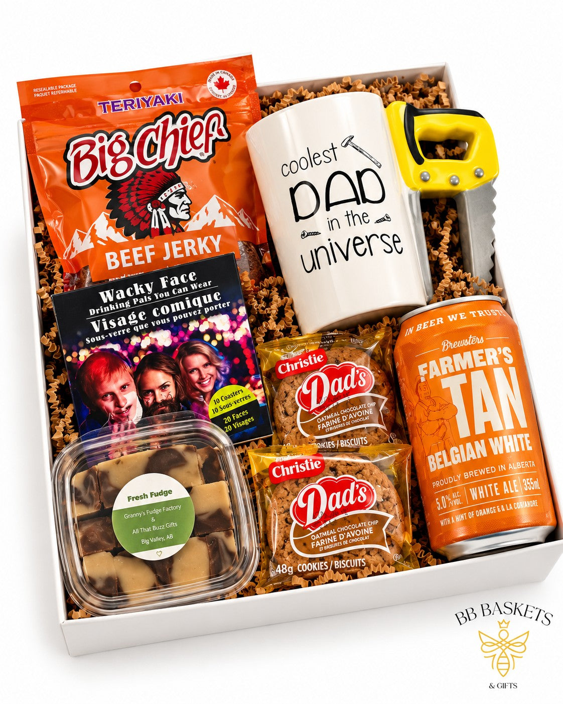 Coolest Dad gift box with local craft beer, beef jerky, cookies, fudge, dad mug and fun coaster set by BB Baskets Calgary
