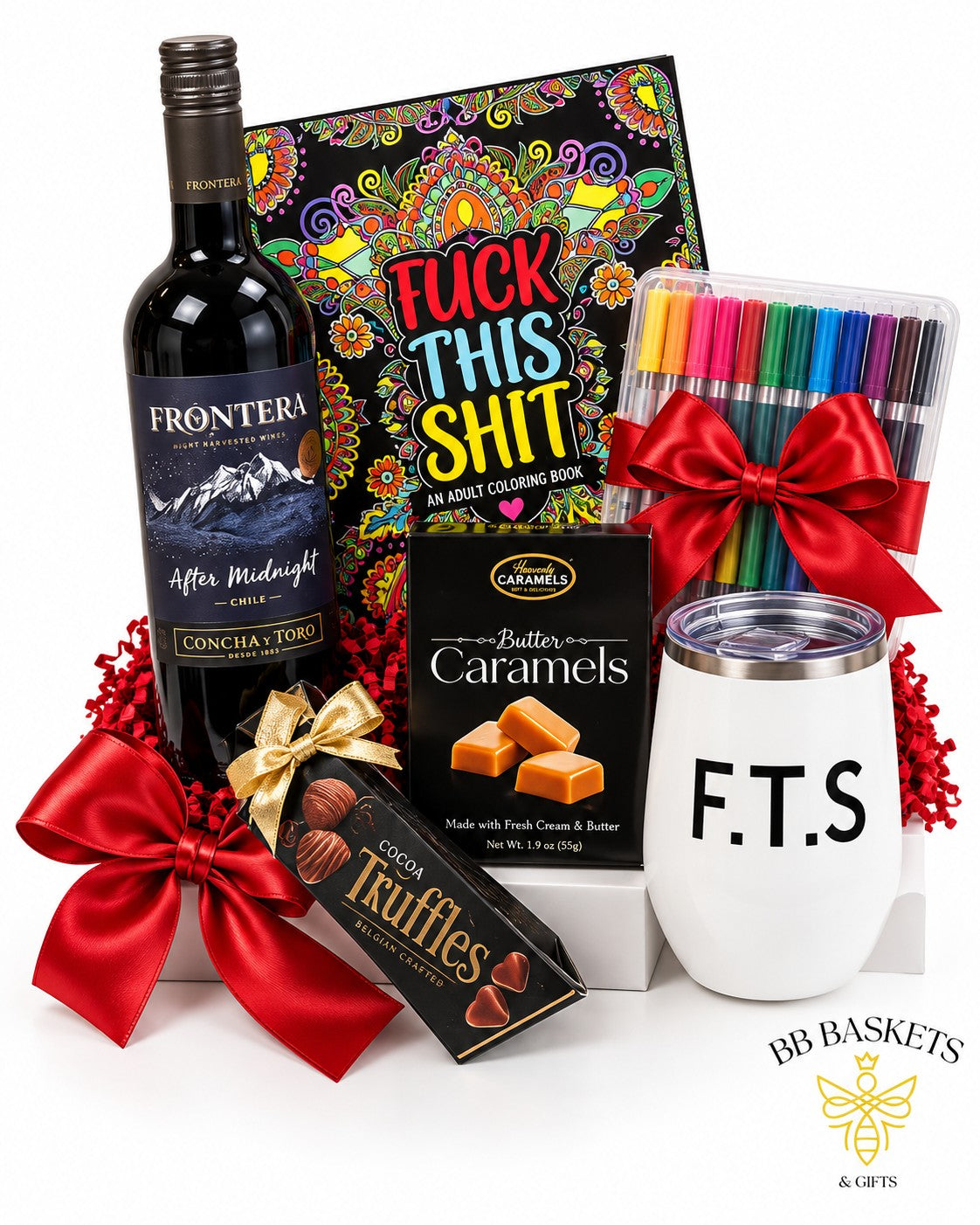 Unwind and Unfiltered funny wine gift box with red wine, adult humor coloring book, chocolate truffles, caramels and stainless steel wine tumbler by BB Baskets Calgary