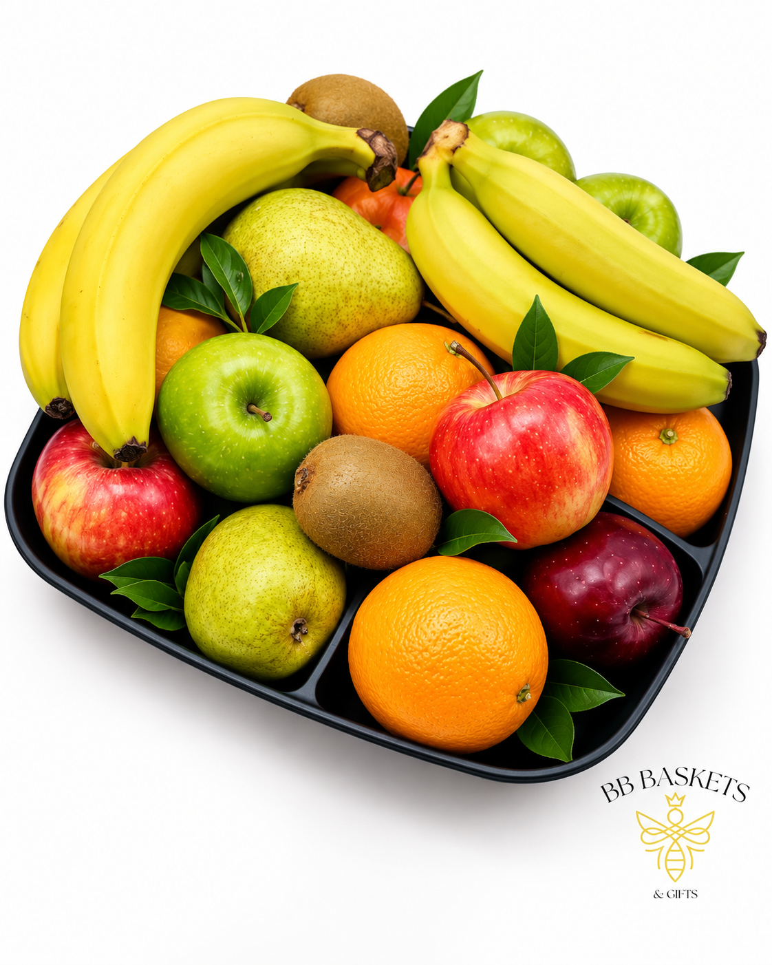 Seasonal fresh fruit gift tray with assorted apples, oranges, pears and fresh fruit arranged in a reusable serving tray by BB Baskets Calgary
