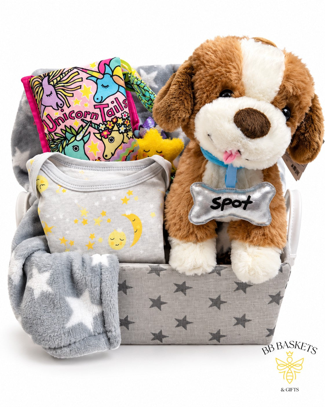 Grow With Me baby girl gift basket with Spot plush puppy, Unicorn Tails sensory book, onesie and cozy blanket
