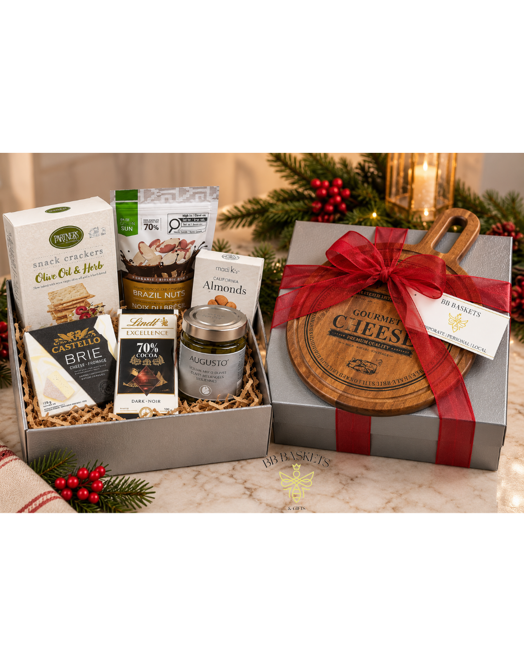 Premium holiday cheese gift box with wooden cheese board, Brie, gourmet crackers, olives, chocolates and festive red ribbon by BB Baskets Calgary.