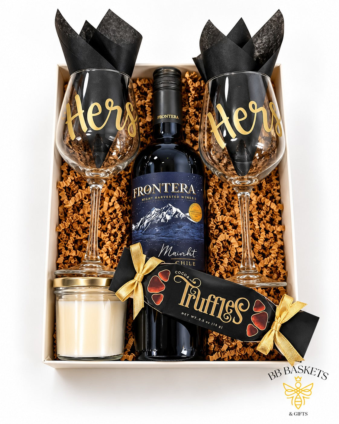 Hers and Hers wine gift basket with red wine, matching wine glasses, jar candle and cocoa truffles by BB Baskets Calgary