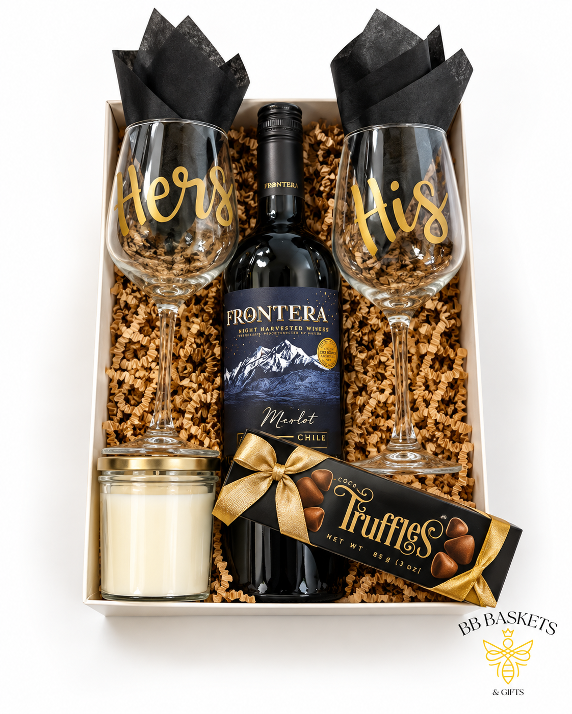 His and Hers wine gift basket with red wine, matching wine glasses, jar candle and cocoa truffles by BB Baskets Calgary