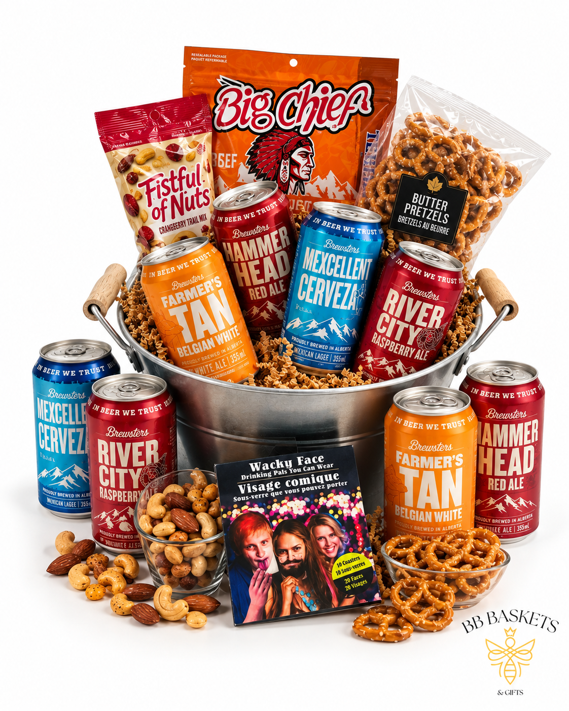 I Love Beer gift basket with local craft beer, Big Chief beef jerky, pretzels, mixed nuts and coaster set by BB Baskets Calgary