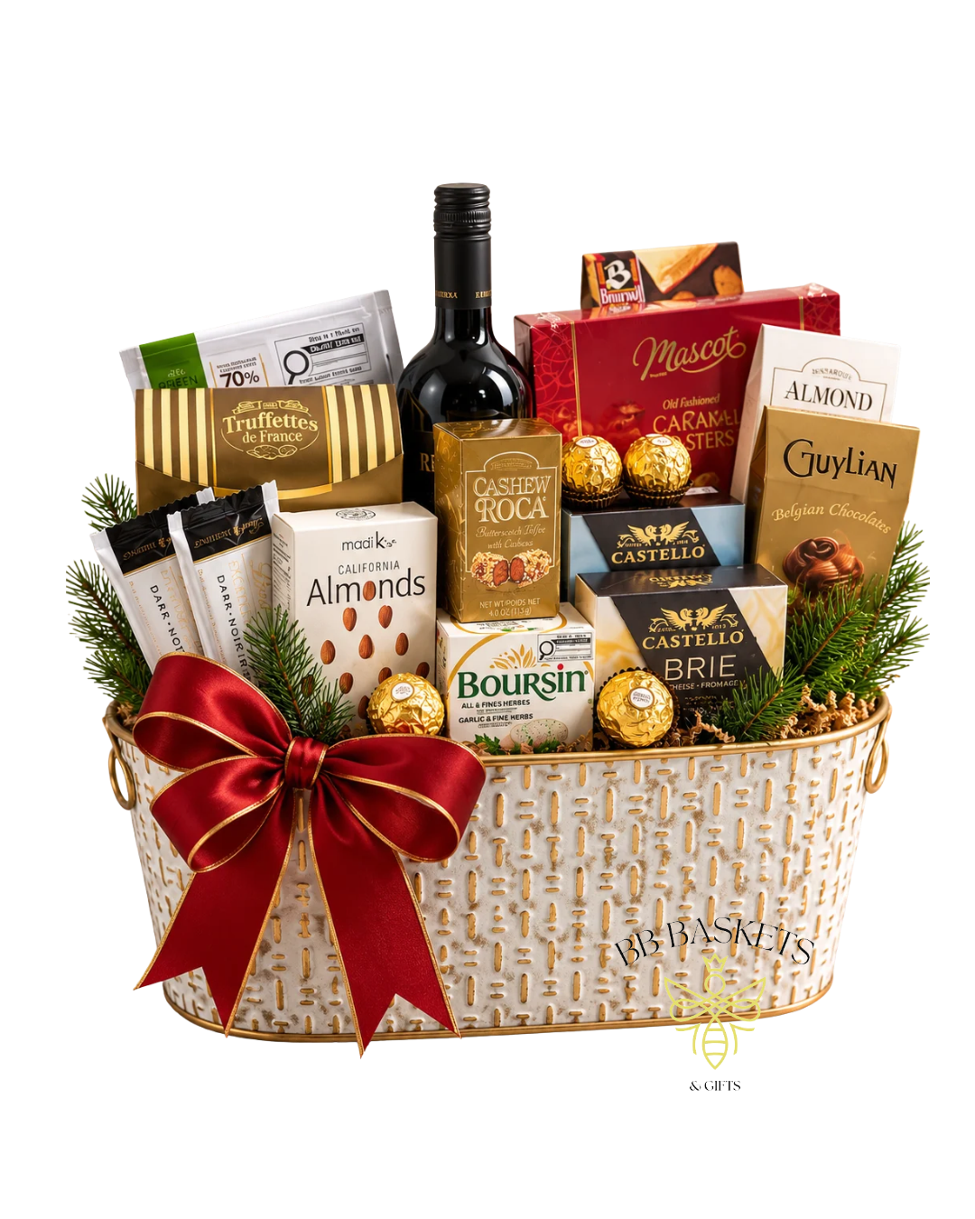 Luxury corporate Christmas gift basket with red wine, Guylian chocolates, Ferrero Rocher, gourmet cheeses, almonds and premium treats in a cream-and-gold basket with red bow.
