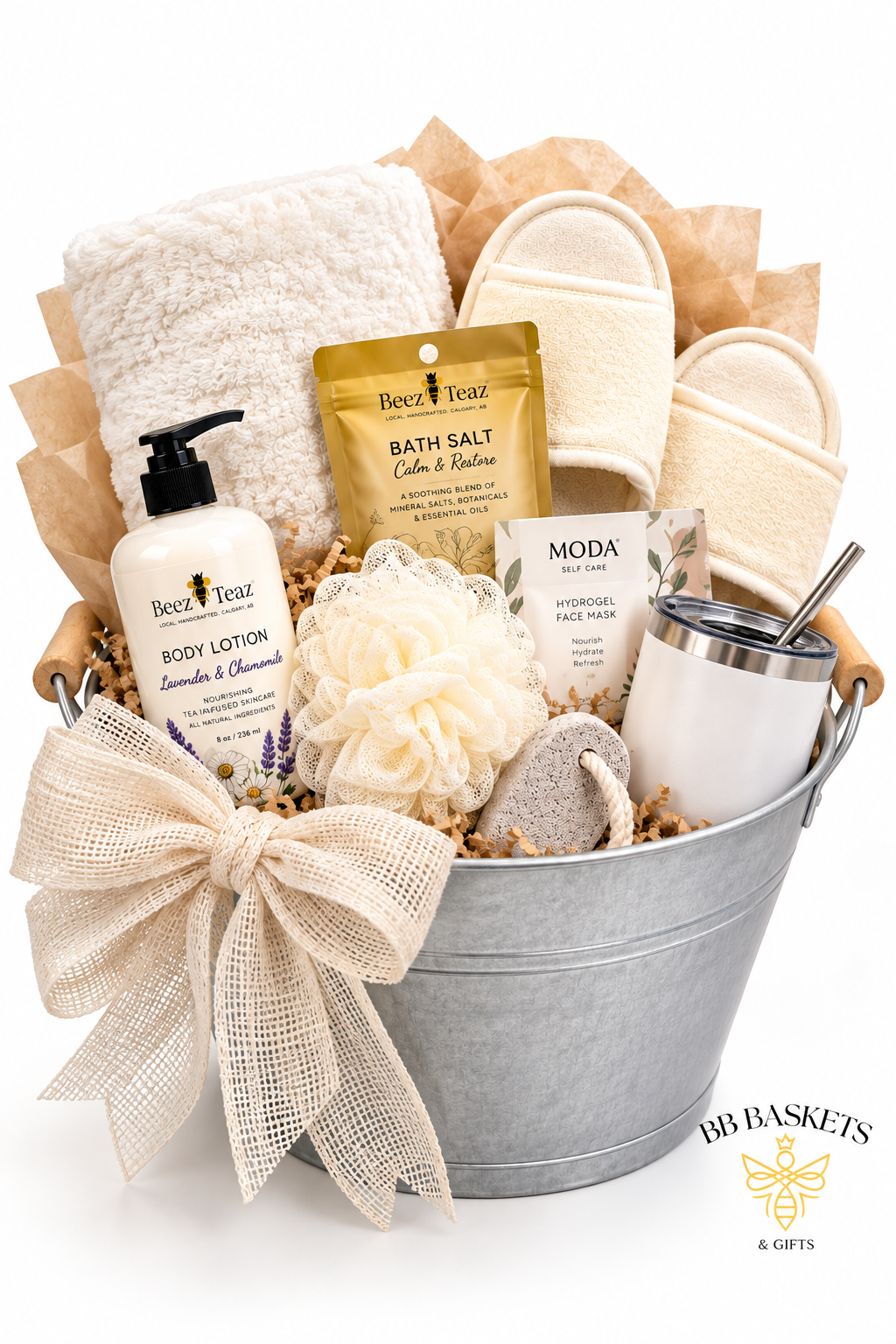 Luxe Home Spa Gift Basket with blanket, slippers, local bath products and self-care gifts by BB Baskets Calgary