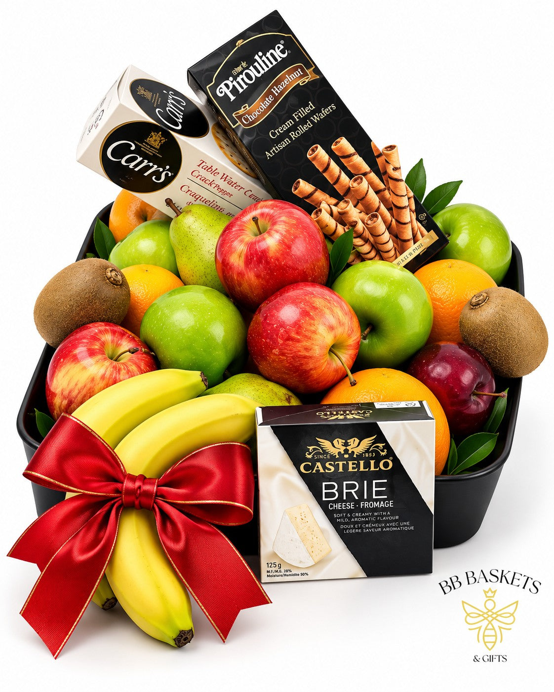 Old Fashion Treats fresh fruit gift basket with seasonal fruit, Brie cheese, artisan crackers and Pirouline wafer cookies by BB Baskets Calgary