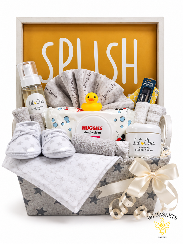 Baby Bee Bee-Happy gift basket with baby shoes, blankets, bath essentials, Lil’ Ones baby care and Splish Splash nursery sign by BB Baskets Calgary