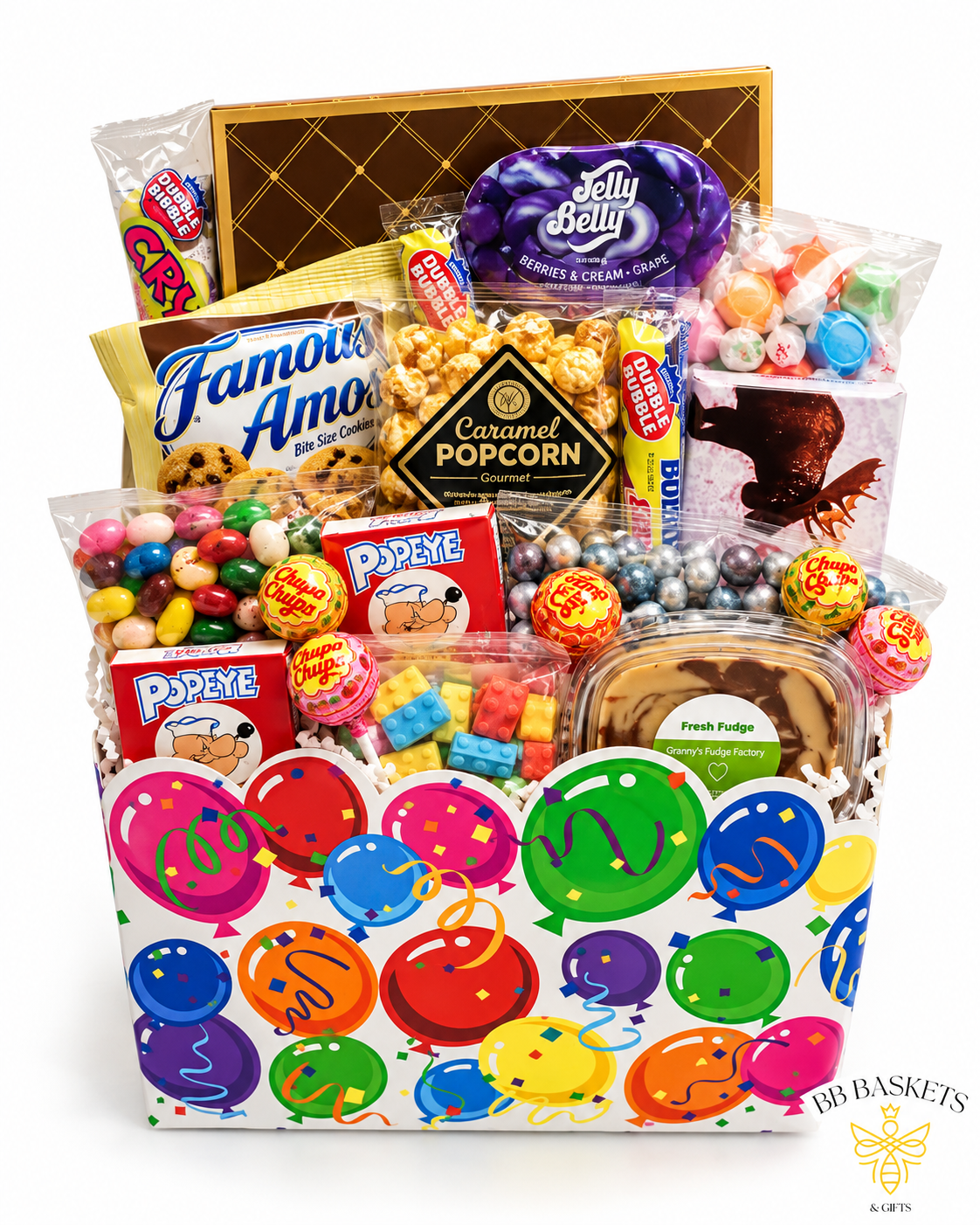 Birthday Blast candy and treats gift filled with colorful candy, local fudge, cookies, caramel popcorn, jelly beans and nostalgic sweets by BB Baskets Calgary