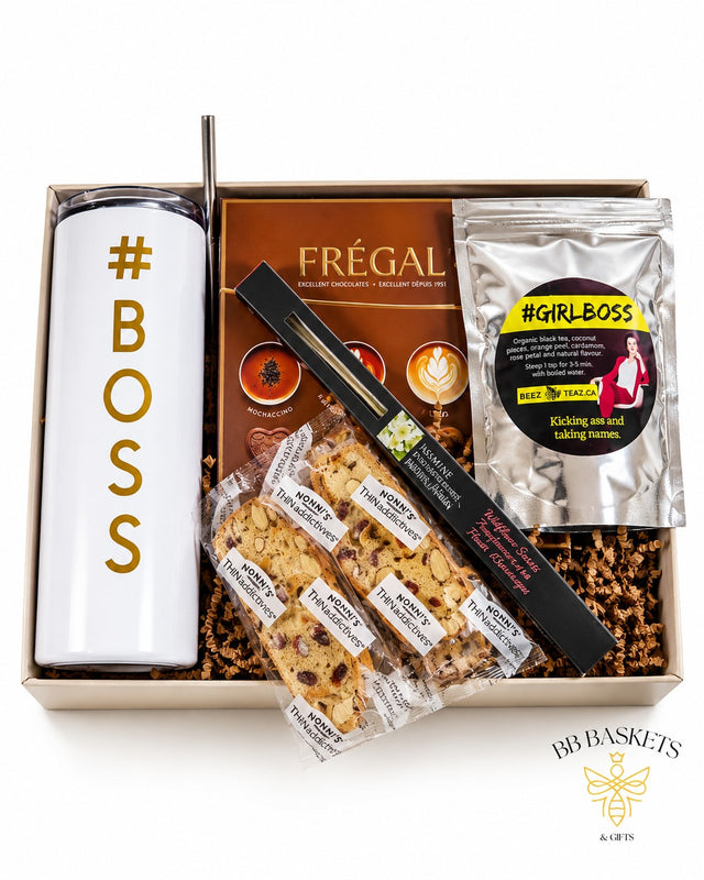 Boss Babe Empowerment gift box with stainless steel tumbler, Beez Teaz loose-leaf tea, chocolates, crisp biscuits and incense by BB Baskets Calgary