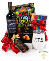 Unwind and Unfiltered funny wine gift box with red wine, adult humor coloring book, chocolate truffles, caramels and stainless steel wine tumbler by BB Baskets Calgary