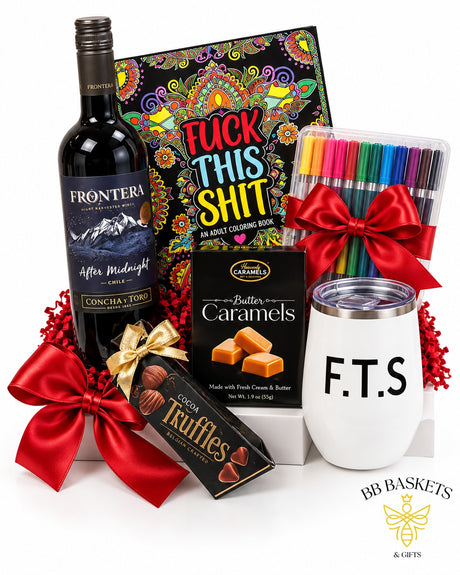 Unwind and Unfiltered funny wine gift box with red wine, adult humor coloring book, chocolate truffles, caramels and stainless steel wine tumbler by BB Baskets Calgary