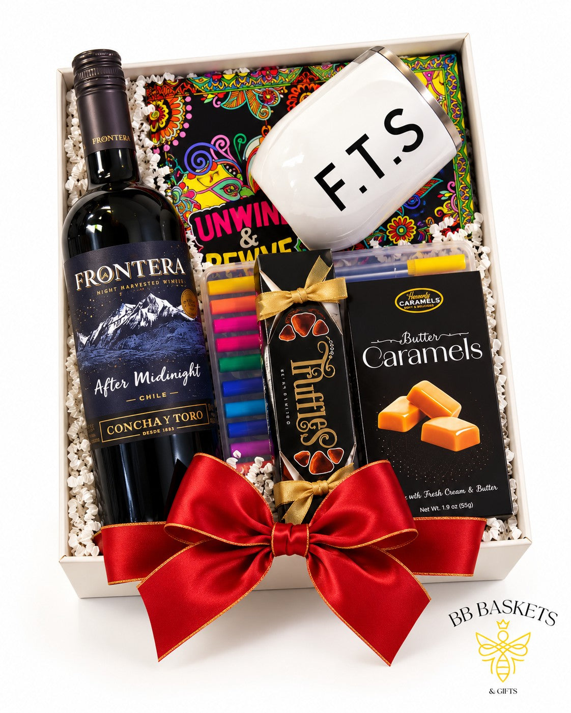 Unwind and Unfiltered funny wine gift box with red wine, adult humor coloring book, chocolate truffles, caramels and stainless steel wine tumbler by BB Baskets Calgary