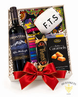 Unwind and Unfiltered funny wine gift box with red wine, adult humor coloring book, chocolate truffles, caramels and stainless steel wine tumbler by BB Baskets Calgary