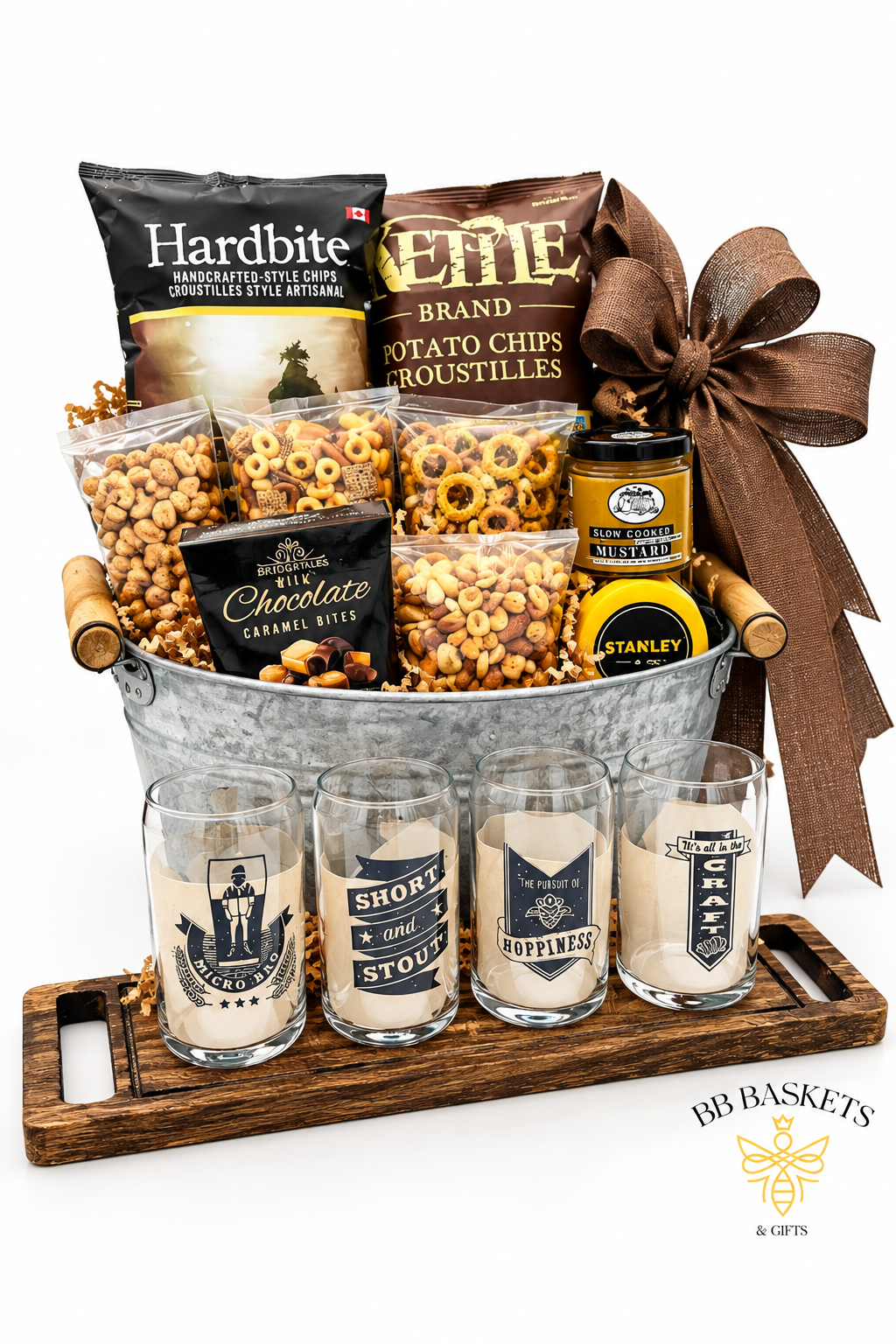 Flight Taster Gift Set with hand-carved wooden tasting board, nesting tasting glasses and gourmet snacks by BB Baskets Calgary