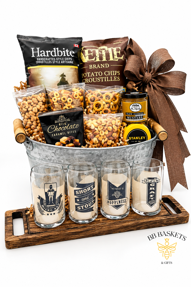 Flight Taster Gift Set with hand-carved wooden tasting board, nesting tasting glasses and gourmet snacks by BB Baskets Calgary
