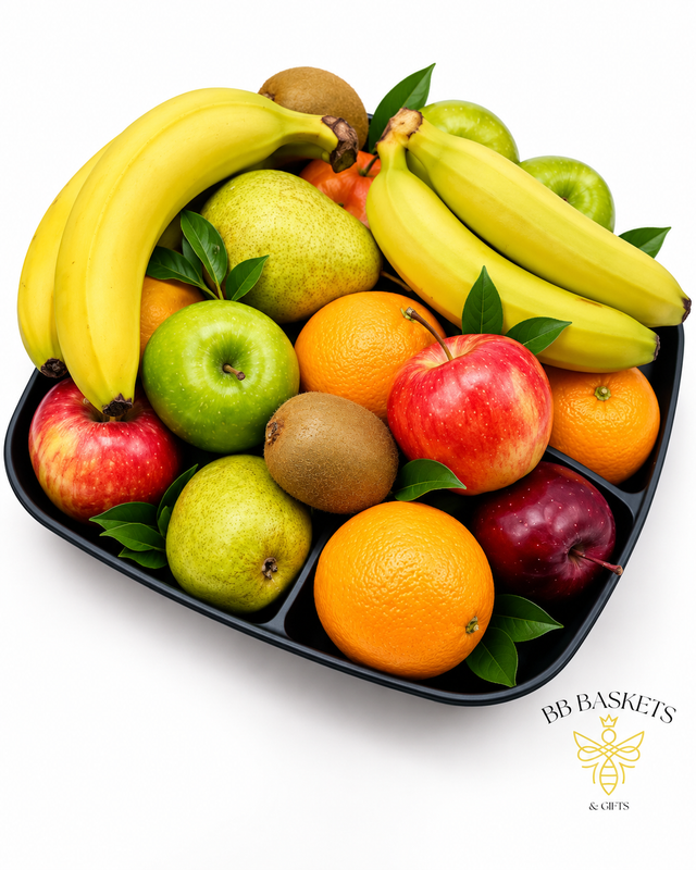 Seasonal fresh fruit gift tray with assorted apples, oranges, pears and fresh fruit arranged in a reusable serving tray by BB Baskets Calgary