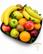 Seasonal fresh fruit gift tray with assorted apples, oranges, pears and fresh fruit arranged in a reusable serving tray by BB Baskets Calgary