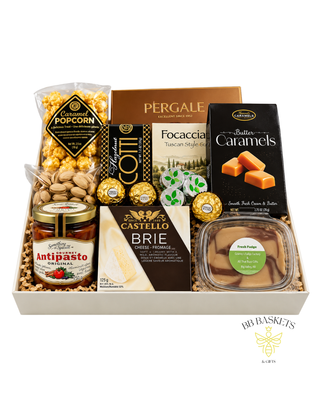 Gourmet Indulgence gift box with Brie cheese, crackers, local antipasto, handcrafted fudge, chocolates, nuts and gourmet treats by BB Baskets Calgary