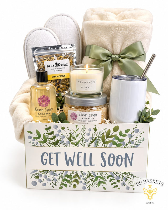 Get Well Soon gift basket with plush blanket, spa slippers, local bath products, loose-leaf tea, candle and insulated tumbler by BB Baskets Calgary