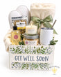 Get Well Soon gift basket with plush blanket, spa slippers, local bath products, loose-leaf tea, candle and insulated tumbler by BB Baskets Calgary