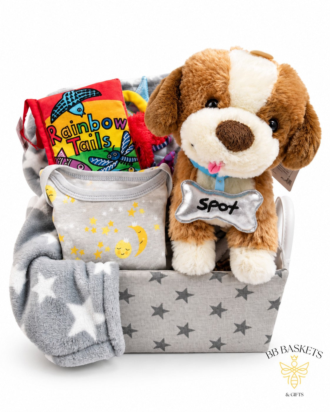 Grow With Me baby boy gift basket with Spot plush puppy, Rainbow Tails sensory book, onesie and cozy blanket