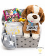 Grow With Me baby girl gift basket with Spot plush puppy, Unicorn Tails sensory book, onesie and cozy blanket