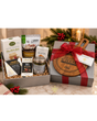 Premium holiday cheese gift box with wooden cheese board, Brie, gourmet crackers, olives, chocolates and festive red ribbon by BB Baskets Calgary.