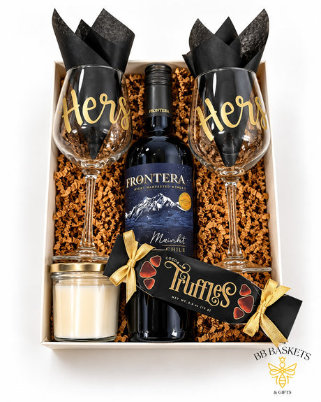 Hers and Hers wine gift basket with red wine, matching wine glasses, jar candle and cocoa truffles by BB Baskets Calgary