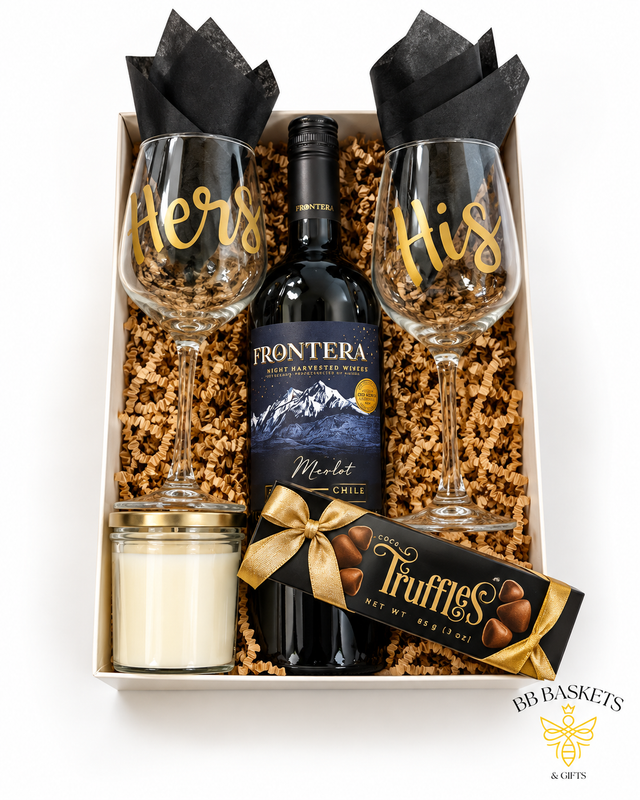 His and Hers wine gift basket with red wine, matching wine glasses, jar candle and cocoa truffles by BB Baskets Calgary