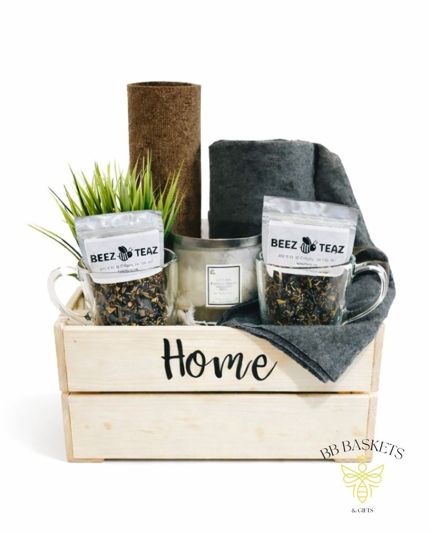 The Home Crate new home gift with welcome mat, throw blanket, candle, mugs, local loose-leaf tea and home décor by BB Baskets Calgary