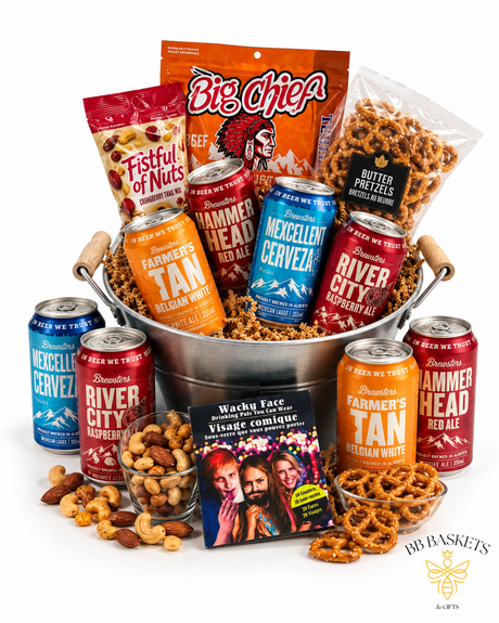 I Love Beer gift basket with local craft beer, Big Chief beef jerky, pretzels, mixed nuts and coaster set by BB Baskets Calgary