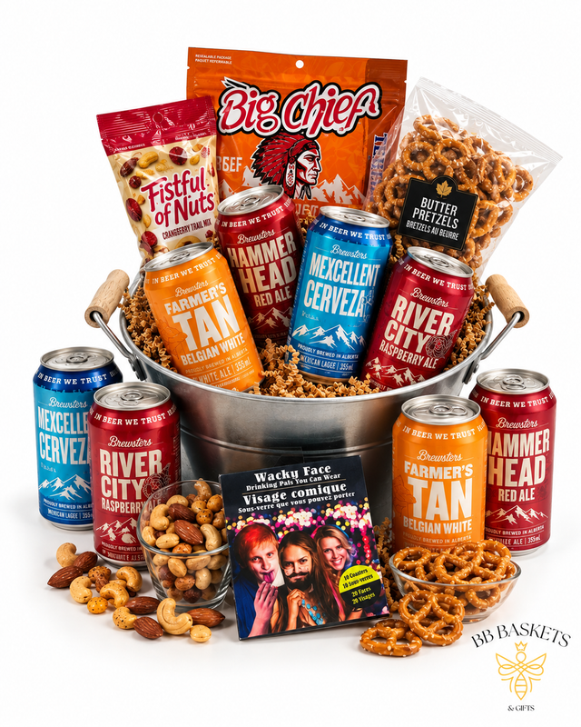 I Love Beer gift basket with local craft beer, Big Chief beef jerky, pretzels, mixed nuts and coaster set by BB Baskets Calgary