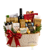 Luxury corporate Christmas gift basket with red wine, Guylian chocolates, Ferrero Rocher, gourmet cheeses, almonds and premium treats in a cream-and-gold basket with red bow.