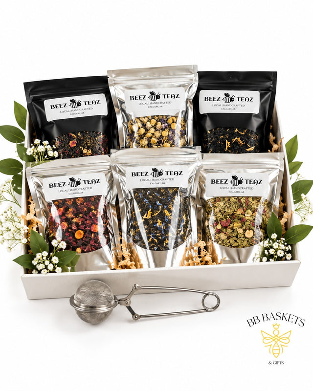 Local Tea Lovers Gift Set with six Beez Teaz loose-leaf teas and stainless steel tea steeper by BB Baskets Calgary