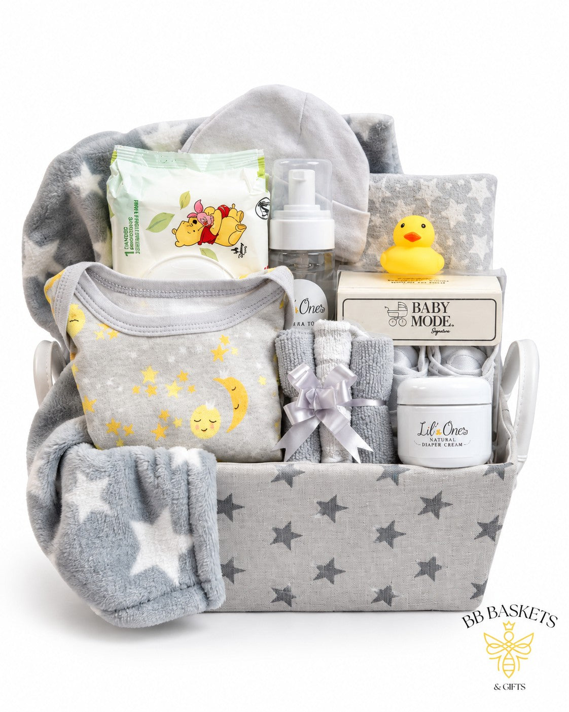 Moon and Stars Baby Gift Basket with blanket, onesie, baby shoes, washcloths and locally made baby care by BB Baskets Calgary