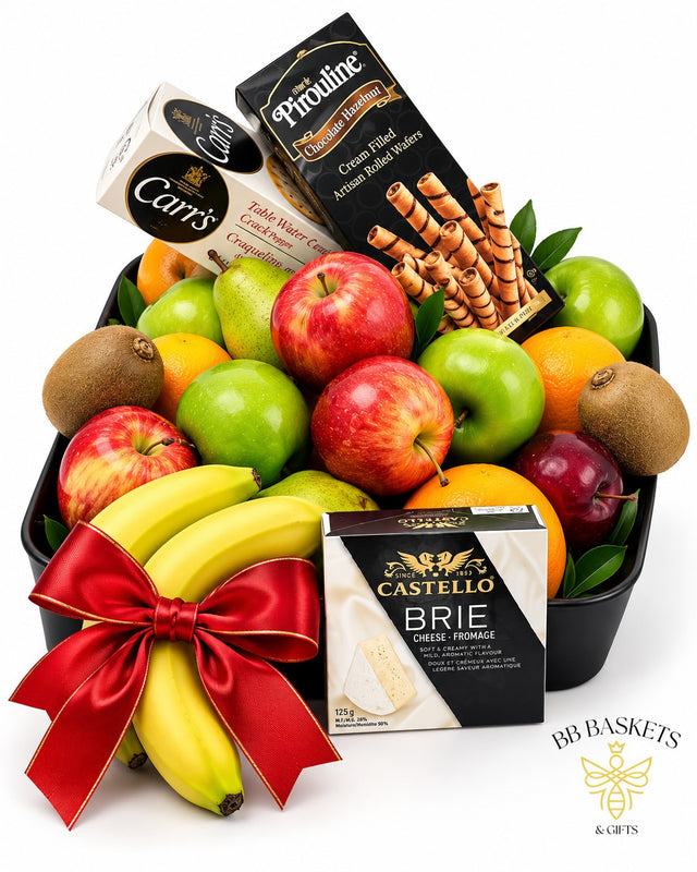 Old Fashion Treats fresh fruit gift basket with seasonal fruit, Brie cheese, artisan crackers and Pirouline wafer cookies by BB Baskets Calgary