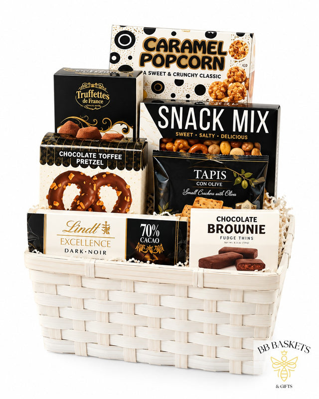 Perfect Touch gourmet gift basket with Lindt chocolate, French truffles, caramel popcorn, artisan crackers and gourmet snacks by BB Baskets Calgary