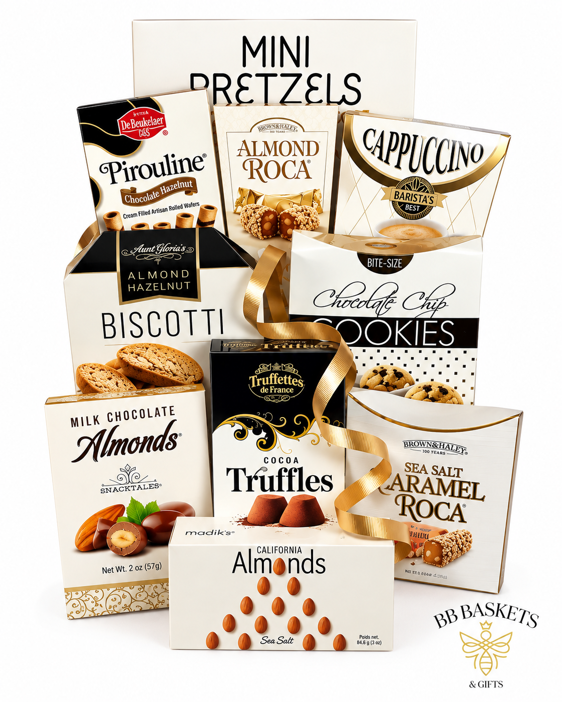 Pure Indulgence Gourmet Collection with chocolates, cookies, Almond Roca, premium nuts, cappuccino and gourmet snacks by BB Baskets Calgary