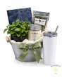 Rest and Restore self-care gift basket with plush throw blanket, local loose-leaf tea, candle, journal, tumbler and faux plant by BB Baskets Calgary