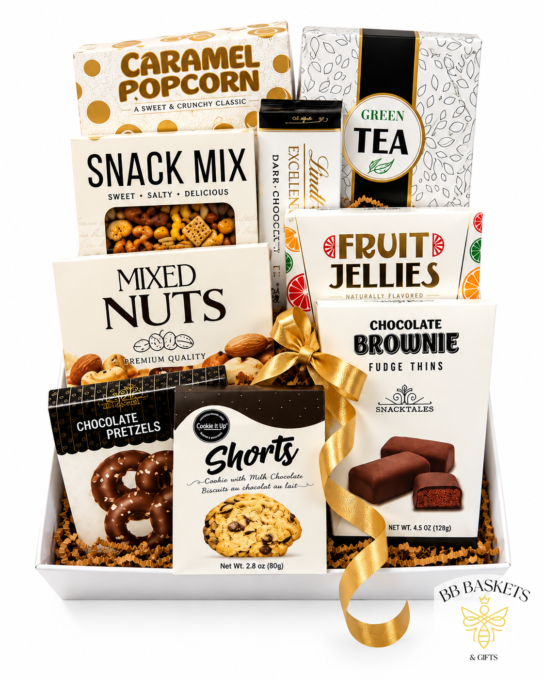 Sweet and Savory Balance gift basket with Lindt dark chocolate, green tea, mixed nuts, caramel popcorn, pretzels and gourmet snacks by BB Baskets Calgary