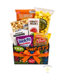 Sweet Tooth Snack Attack Gift Box featuring cookies, chocolate brownie treats, fruit jellies, Welch's fruit snacks and theatre-style popcorn with an orange bow.