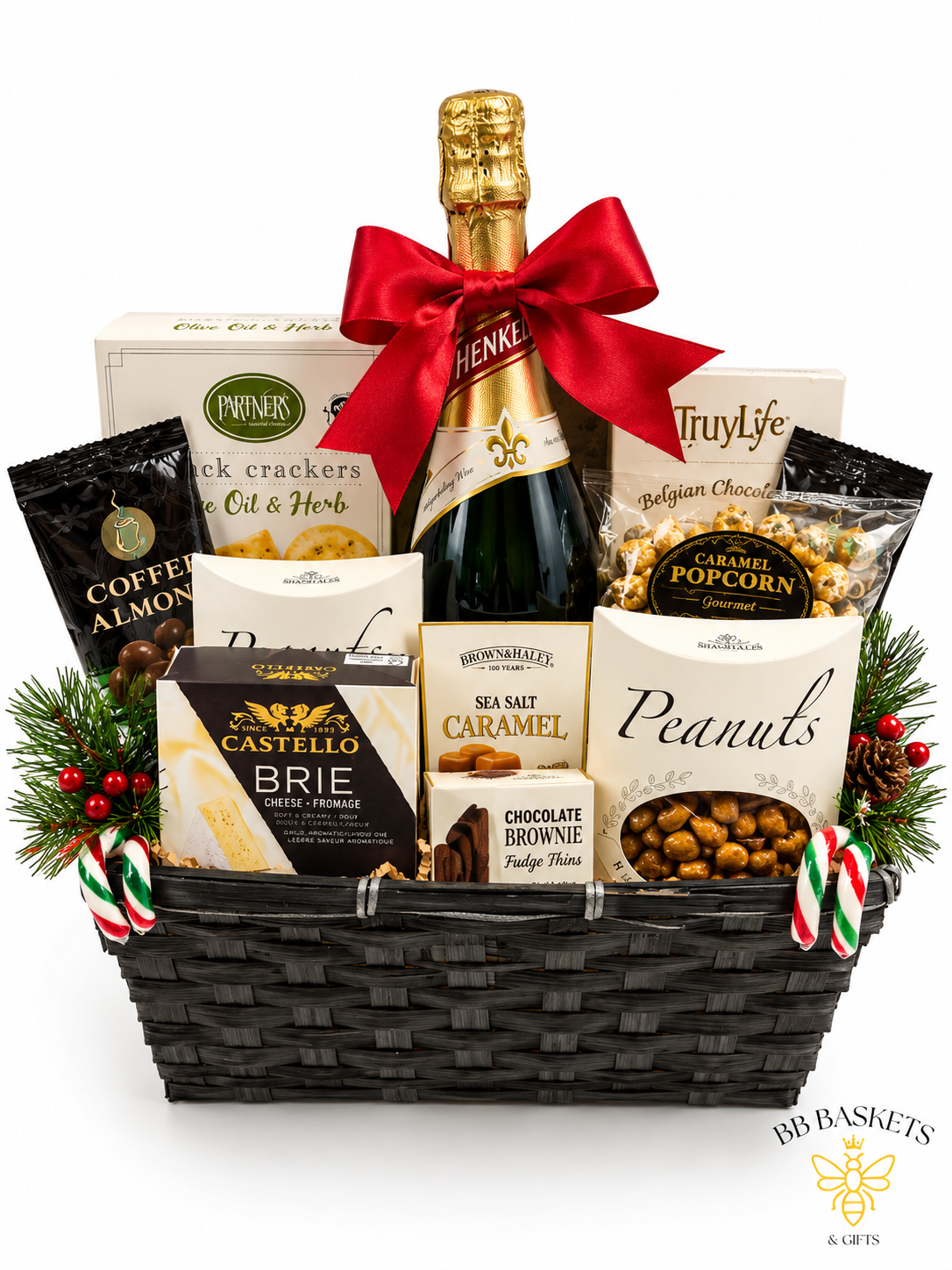 The Holiday Toast corporate holiday gift basket with sparkling wine, Brie, Belgian chocolates, gourmet snacks and festive treats in a black wicker basket by BB Baskets Calgary