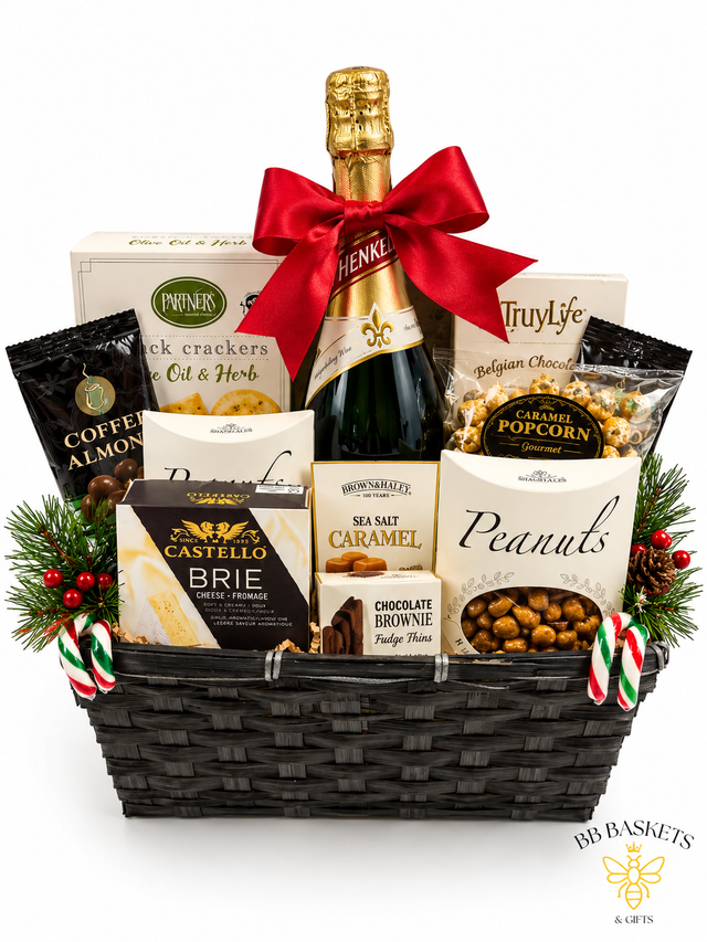 The Holiday Toast corporate holiday gift basket with sparkling wine, Brie, Belgian chocolates, gourmet snacks and festive treats in a black wicker basket by BB Baskets Calgary