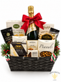 The Holiday Toast corporate holiday gift basket with sparkling wine, Brie, Belgian chocolates, gourmet snacks and festive treats in a black wicker basket by BB Baskets Calgary