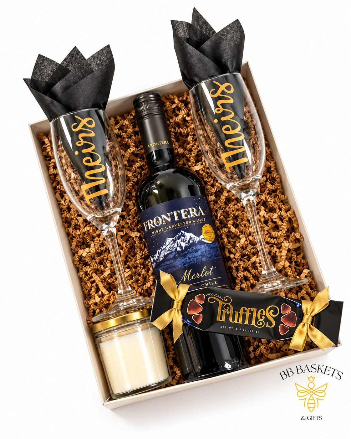 Theirs and Theirs wine gift basket with red wine, matching wine glasses, jar candle and cocoa truffles by BB Baskets Calgary