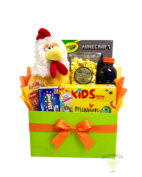 What's Up, Chicken? kids gift basket featuring an interactive plush chicken, Crayola Minecraft activity set, happiness activity cards, Smarties, popcorn, cookies and Gatorade.