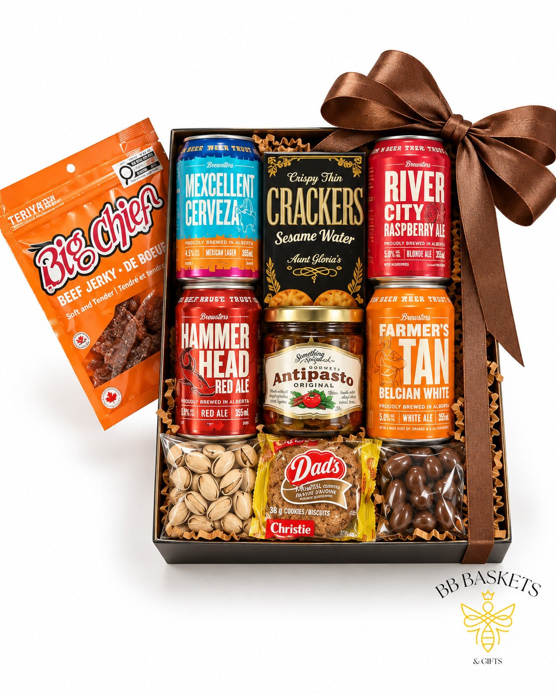 The Drinking Class local craft beer gift basket with Alberta beer, beef jerky, antipasto and gourmet snacks by BB Baskets Calgary