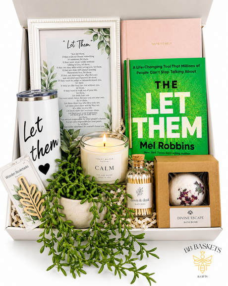 Let Them Gift Basket with Mel Robbins book, framed poem, tumbler, journal, candle, potted plant and self-care gifts by BB Baskets Calgary